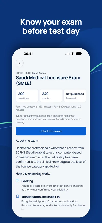 GCC Medical Exam Prep app: exam details for the Saudi Medical Licensure Exam with questions, time and booking steps