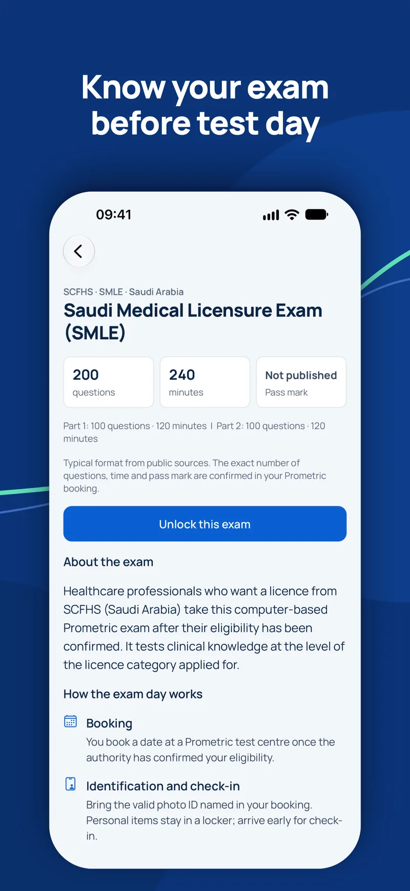 GCC Medical Exam Prep app: exam details for the Saudi Medical Licensure Exam with questions, time and booking steps