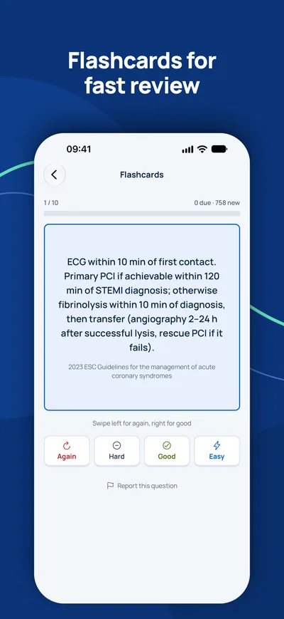 GCC Medical Exam Prep app: flashcard with spaced repetition buttons Again, Hard, Good and Easy