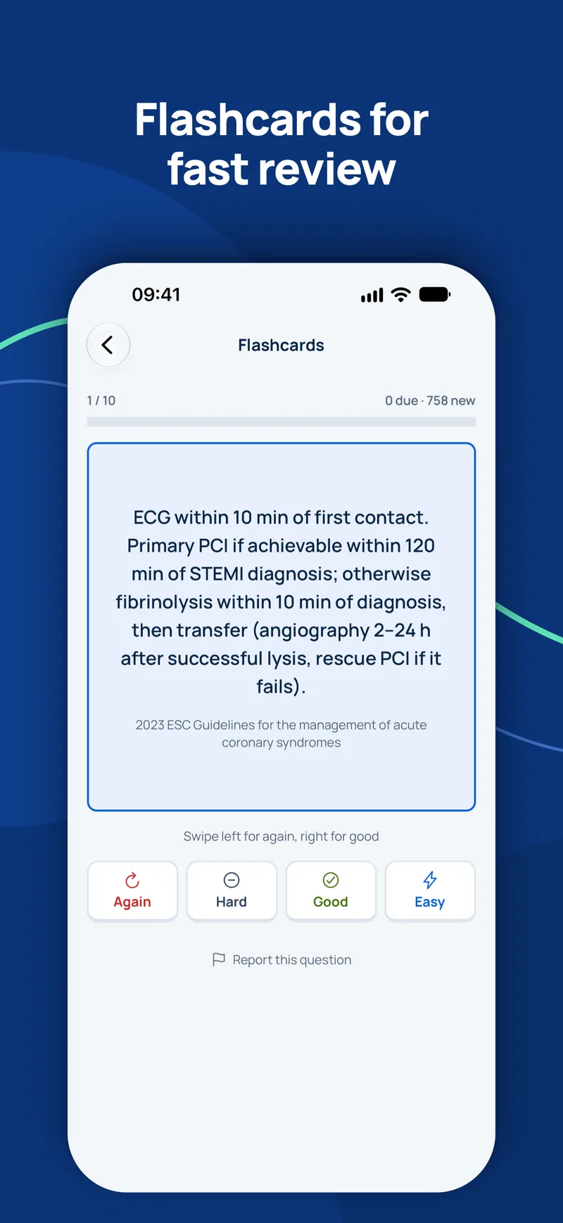 GCC Medical Exam Prep app: flashcard with spaced repetition buttons Again, Hard, Good and Easy
