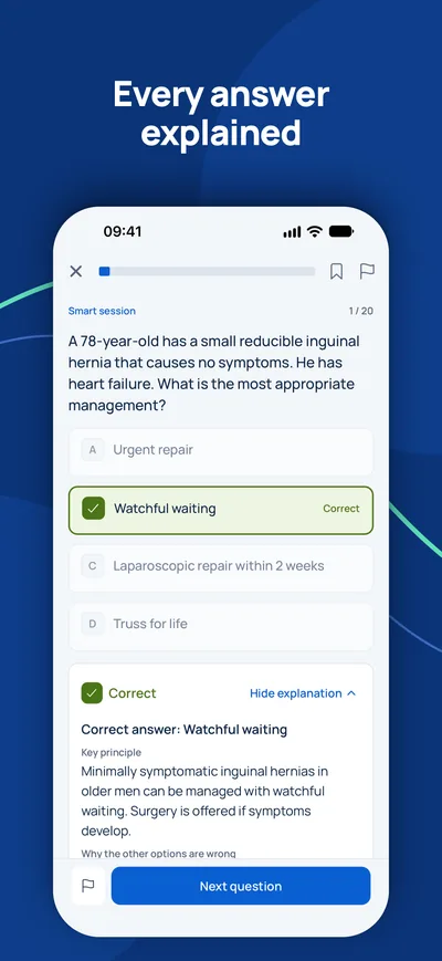 GCC Medical Exam Prep app: answered practice question with the correct answer and explanation