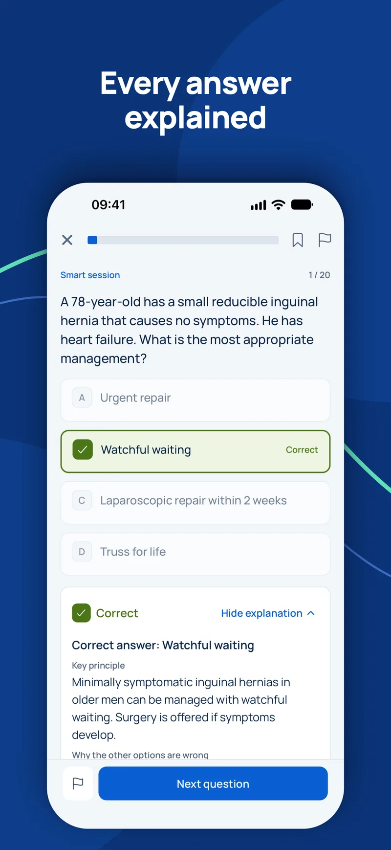 GCC Medical Exam Prep app: answered practice question with the correct answer and explanation