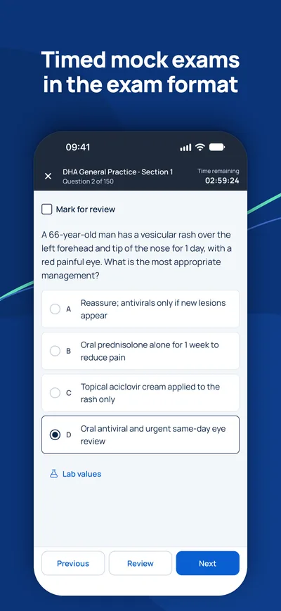 GCC Medical Exam Prep app: timed mock exam question with countdown and mark for review
