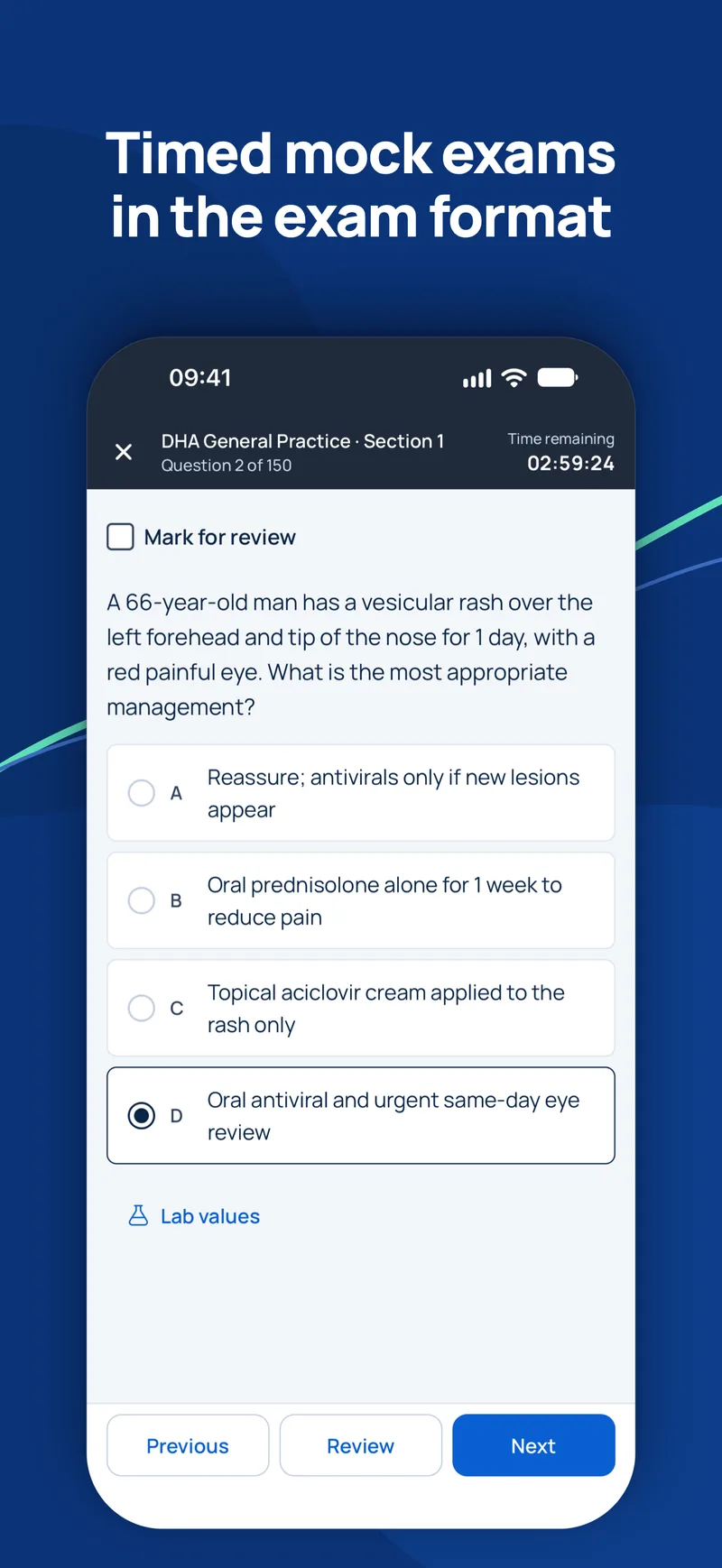 GCC Medical Exam Prep app: timed mock exam question with countdown and mark for review