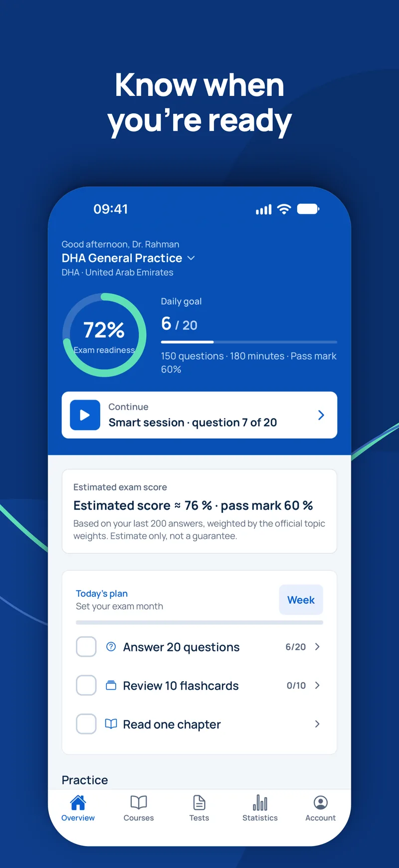 GCC Medical Exam Prep app overview: exam readiness, daily goal, estimated exam score and today’s plan