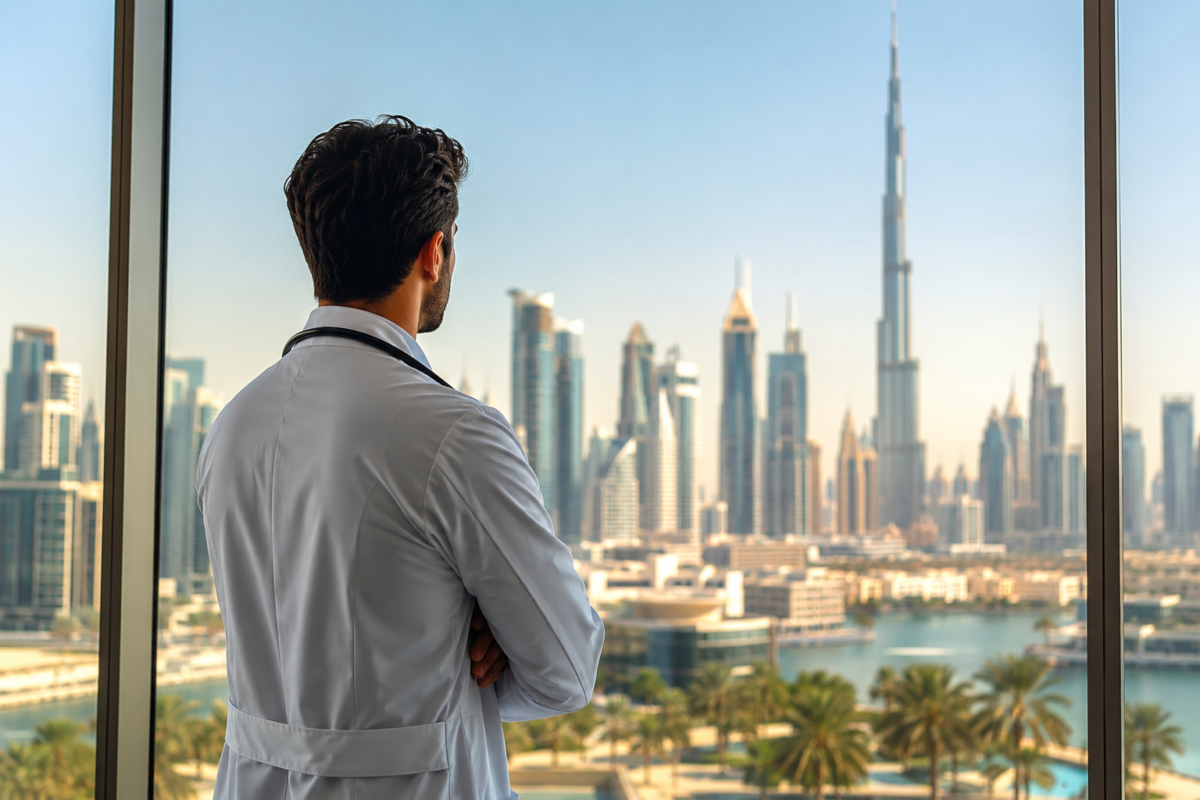 European doctor looking at the Dubai skyline with Burj Khalifa, planning a medical career relocation to the UAE with Mediflow